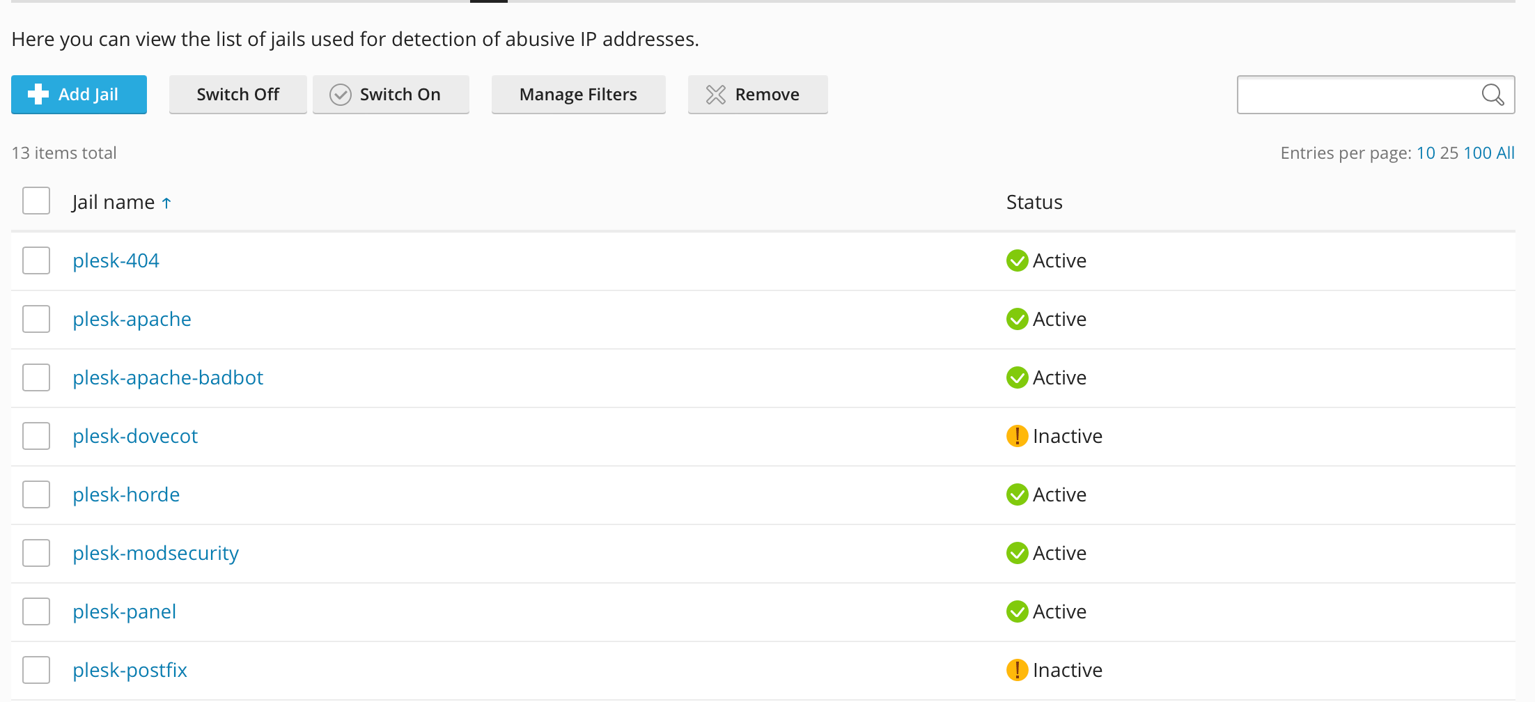 Jails - plesk - fail2ban